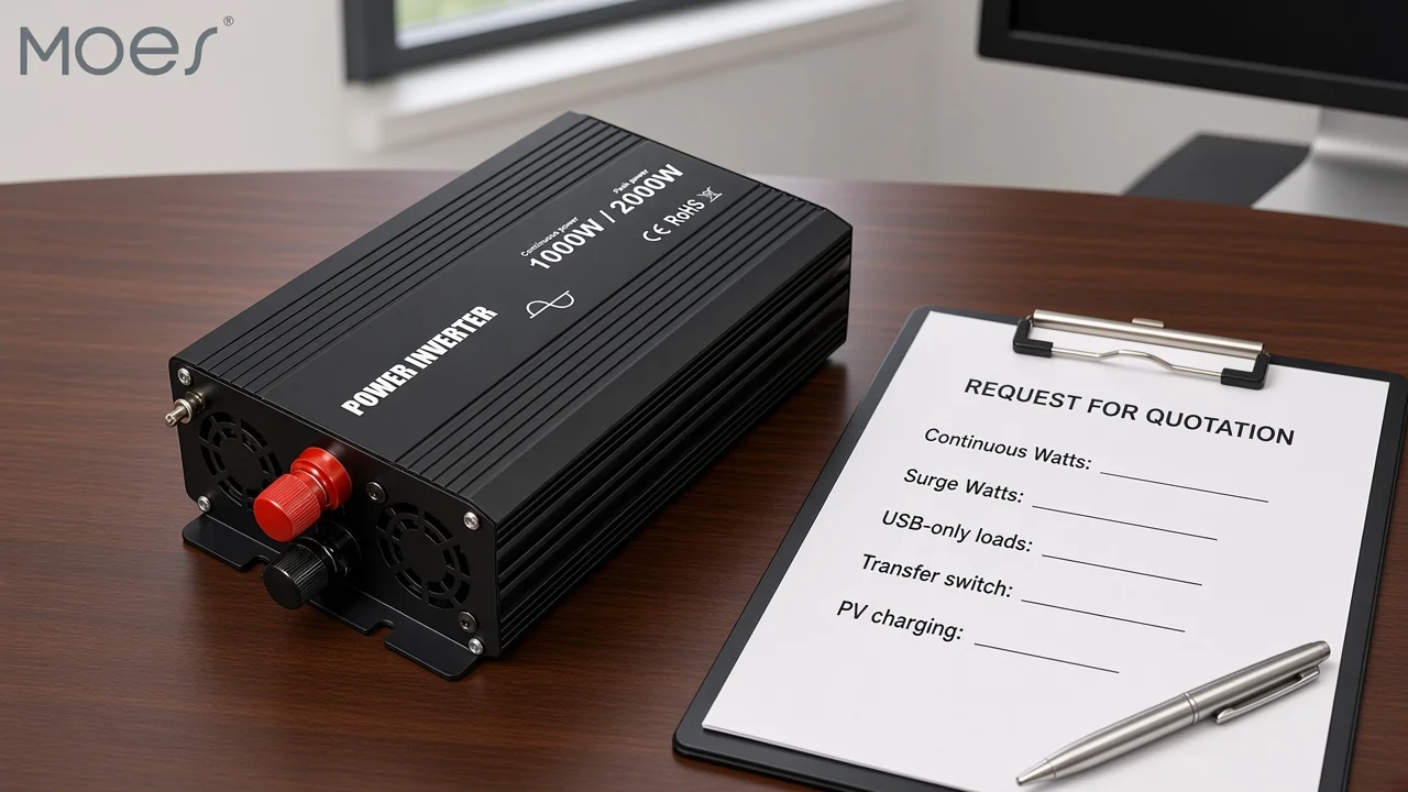 MOES power inverter beside channel RFQ clipboard for continuous watts surge USB transfer and PV fields