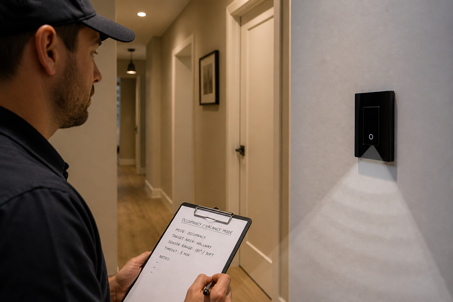 Installer documenting occupancy versus vacancy mode for wall motion dimmer