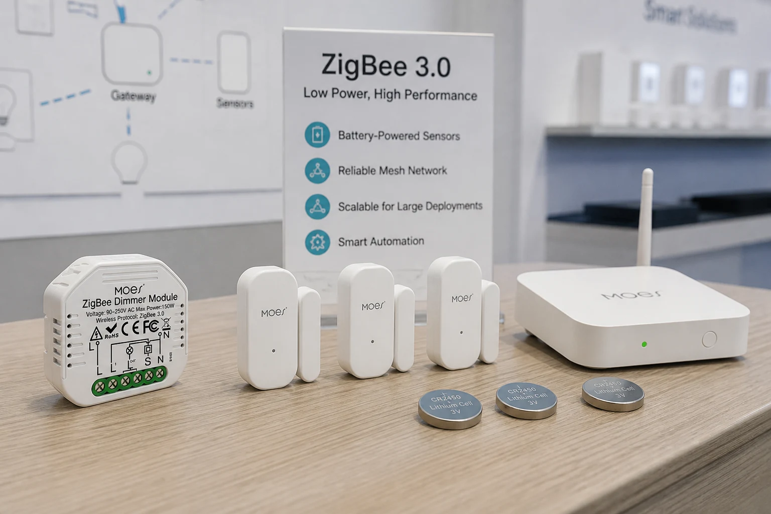 Low-power Zigbee sensor fleet demo with MOES ZigBee dimmer module and gateway