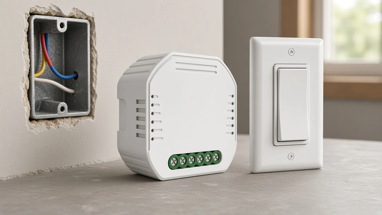 In-box ZigBee dimmer module beside a wall-switch plate