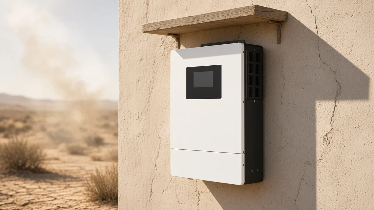 MOES WiFi smart hybrid inverter wall-mounted under a shade canopy in hot dry outdoor conditions where thermal derating decides output