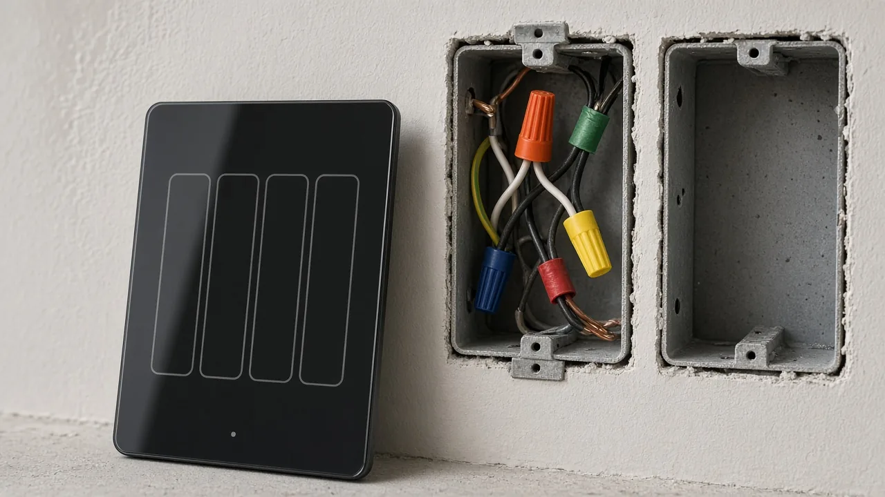Glass US smart wall switch beside open boxes used to judge topology time