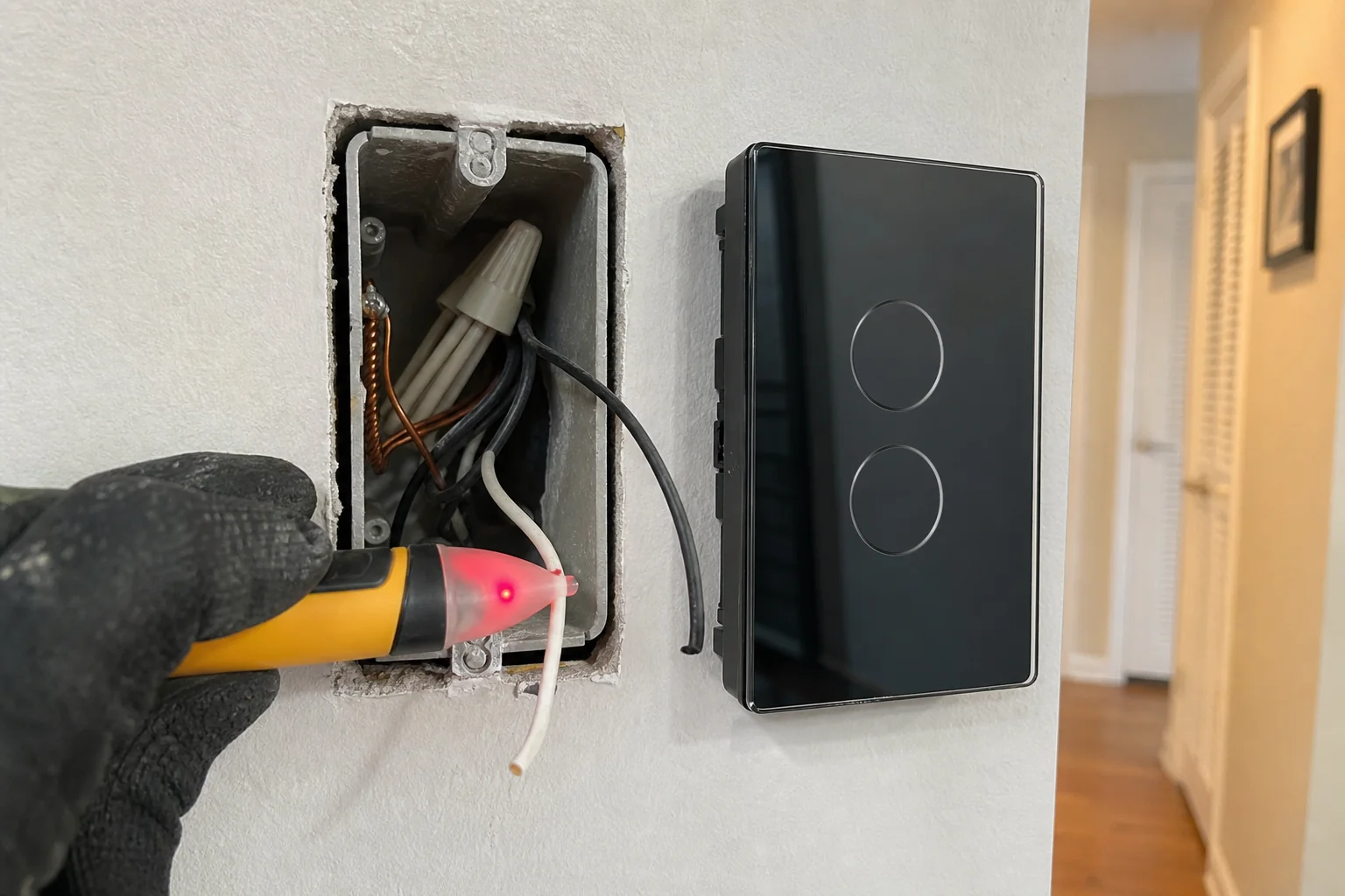 Open wall switch box with white neutral bundle beside a US smart wall switch during verification