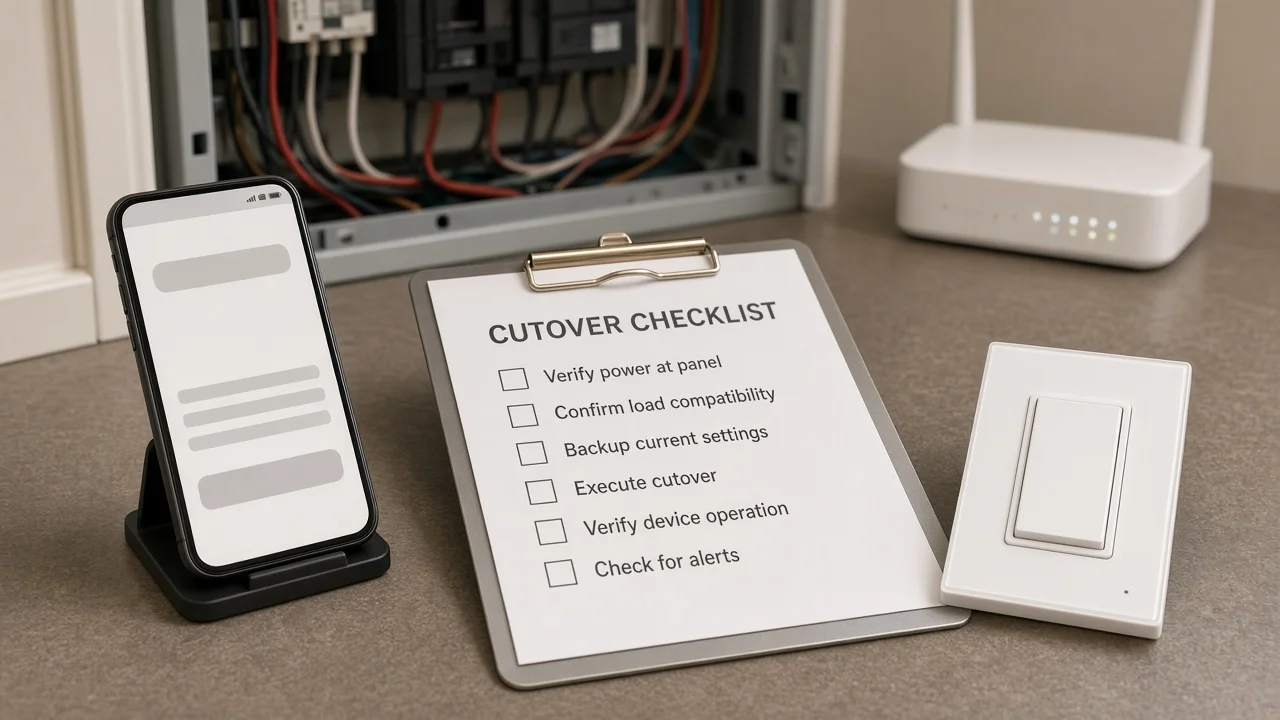 Wi-Fi commissioning phone and cutover checklist with MOES Star Feather US switch on desk
