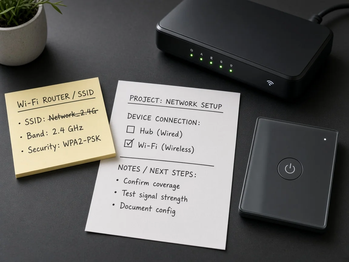 Project sheet for Wi-Fi credentials and hub versus Wi-Fi path beside a US glass smart wall switch