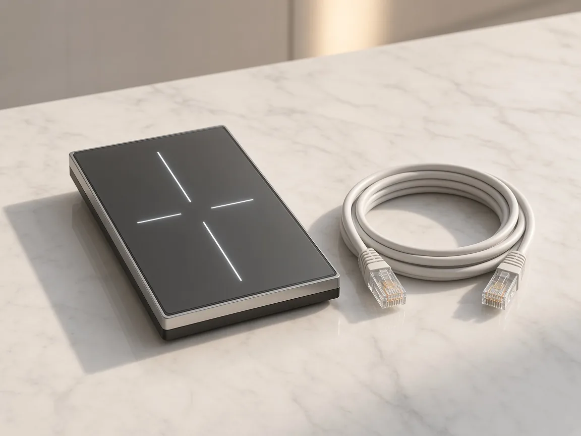 Gray glass Wi-Fi wall switch beside an Ethernet cable