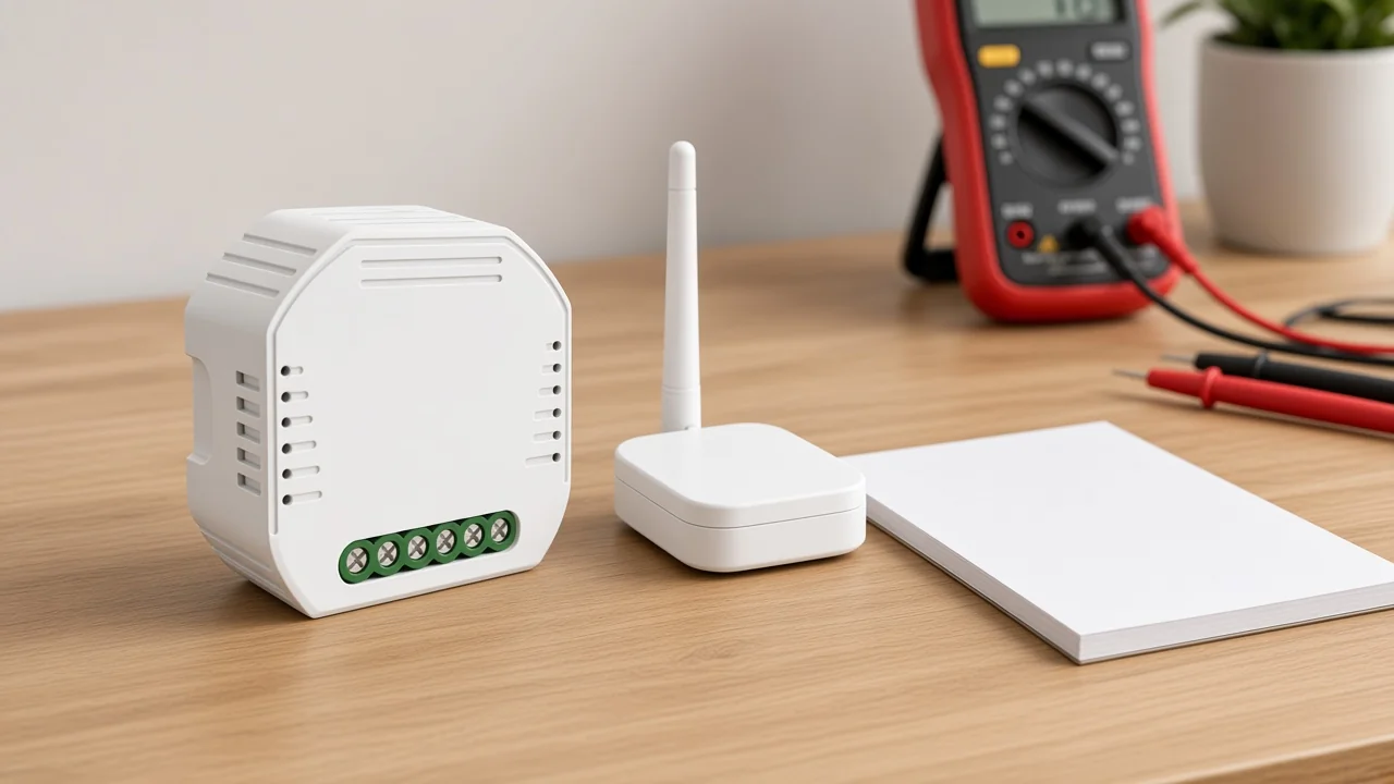 Zigbee mesh-plus-hub path with gateway and in-wall dimmer module on an installer workbench