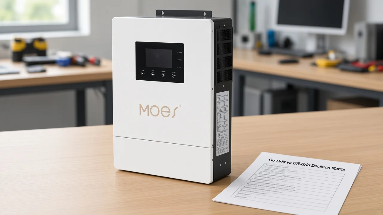 MOES hybrid solar inverter on engineer desk with on-grid vs off-grid decision matrix checklist