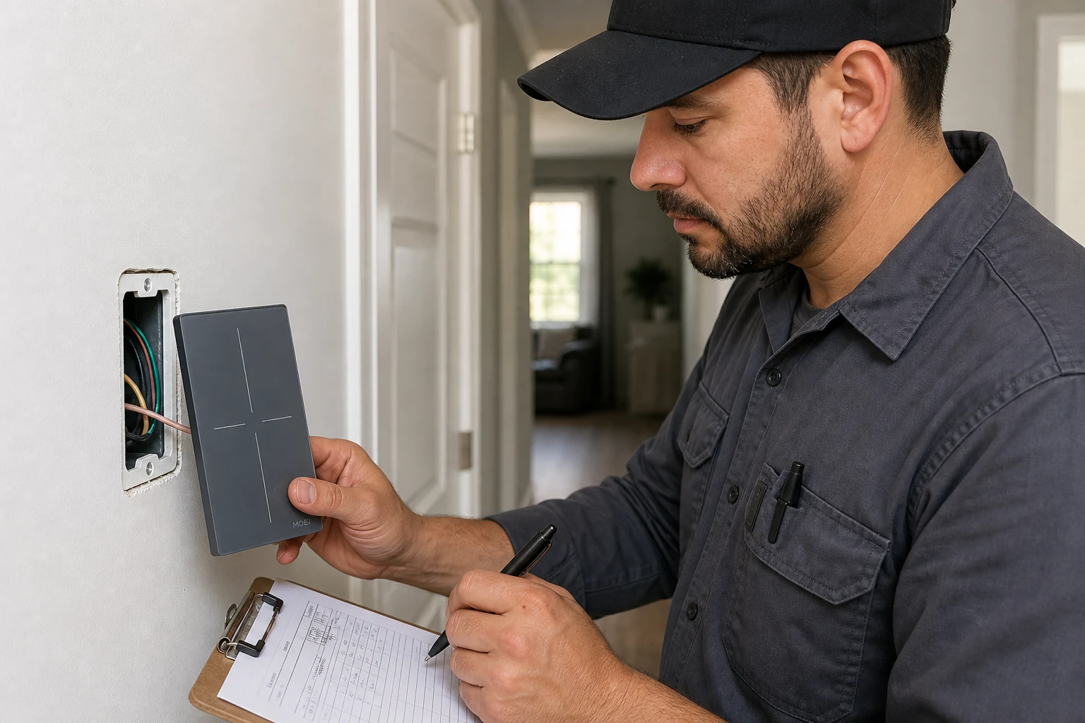 Installer documenting 3 way motion sensor switch installation project inputs beside a MOES Star Feather US smart wall switch