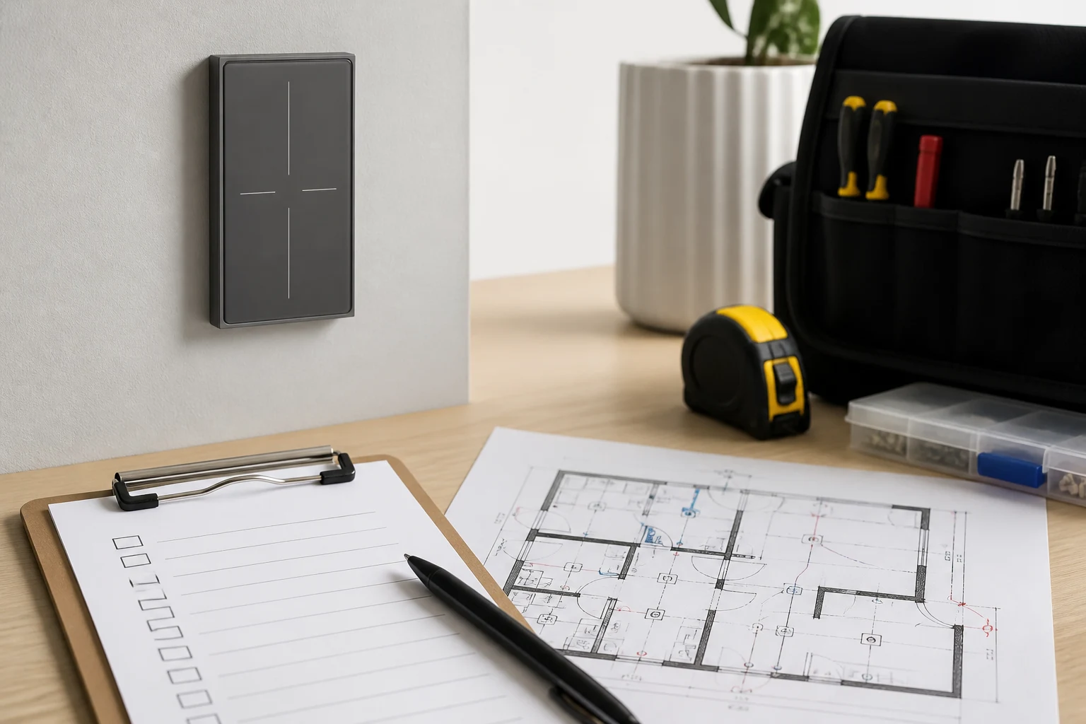 Floor plan and checklist desk for 3 way smart switch install project inputs with MOES Star Feather wall switch