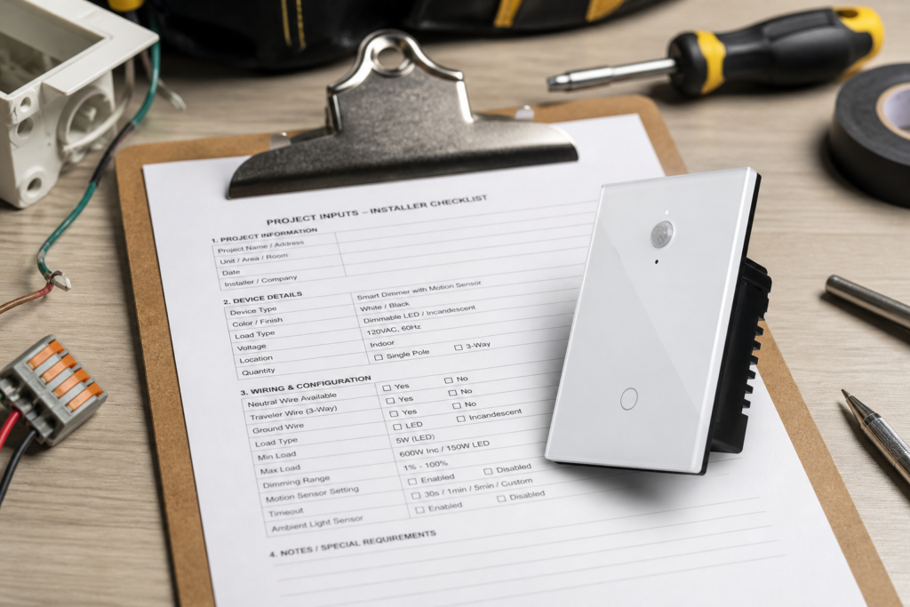 Desk checklist for commercial electric smart dimmer with motion sensor installation project inputs