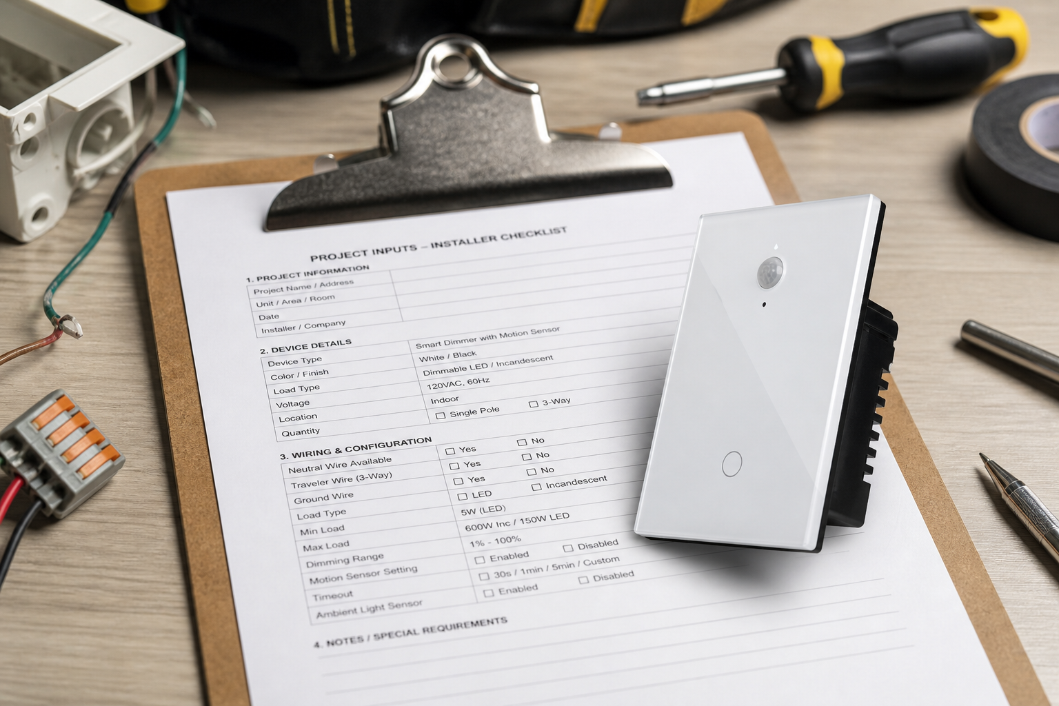 Desk checklist for commercial electric smart dimmer with motion sensor installation project inputs with US glass smart wall switch