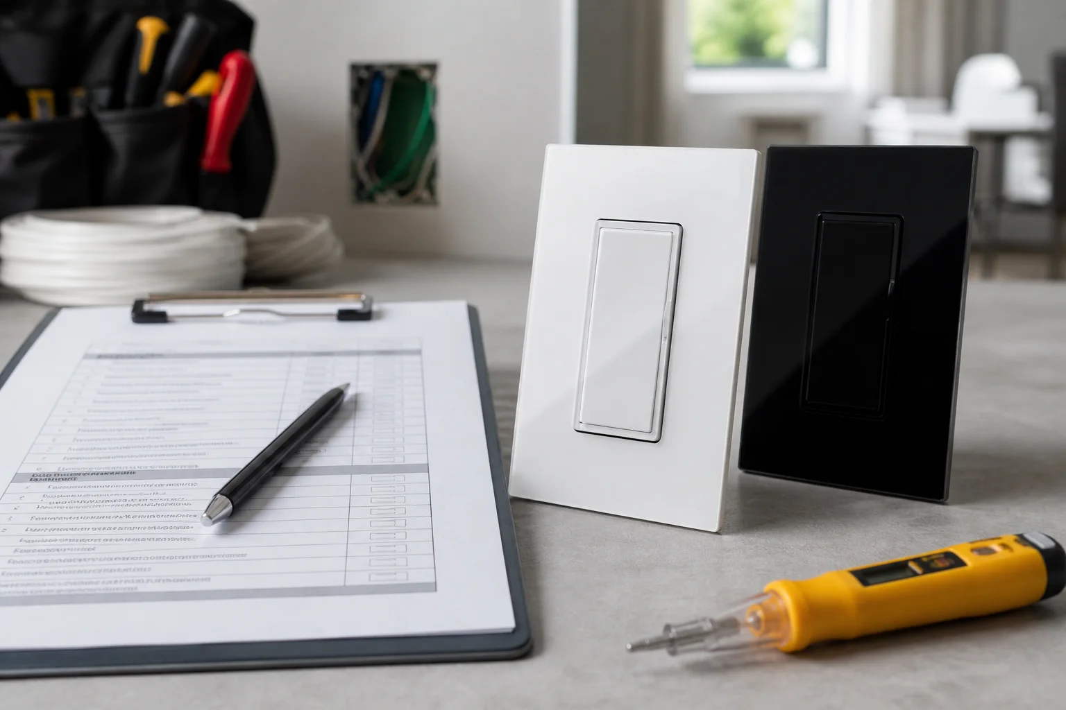 Desk checklist for commercial electric smart switch installation project inputs with US glass smart wall switch