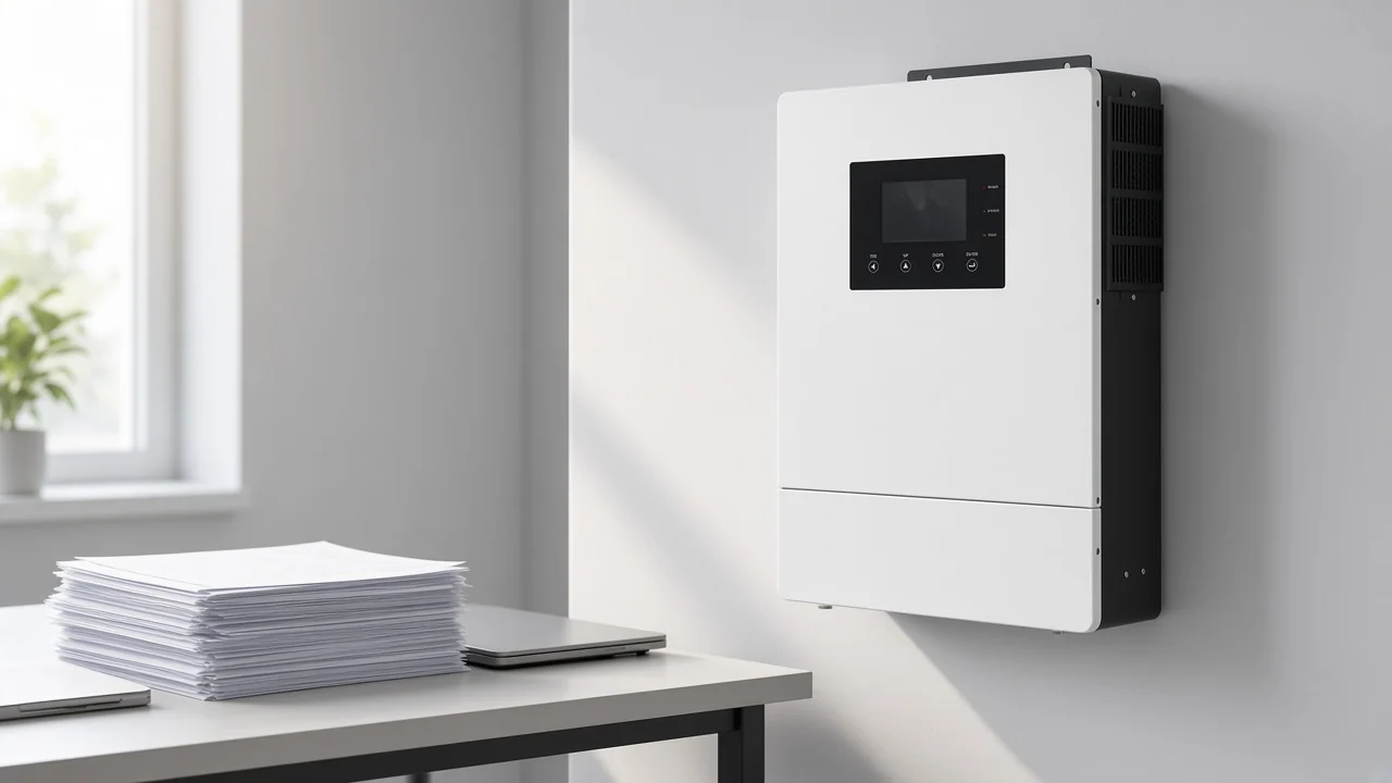 Solar inverter efficiency comparison review with a wall-mounted MOES WiFi smart hybrid inverter beside a specifier desk of printed supplier documents