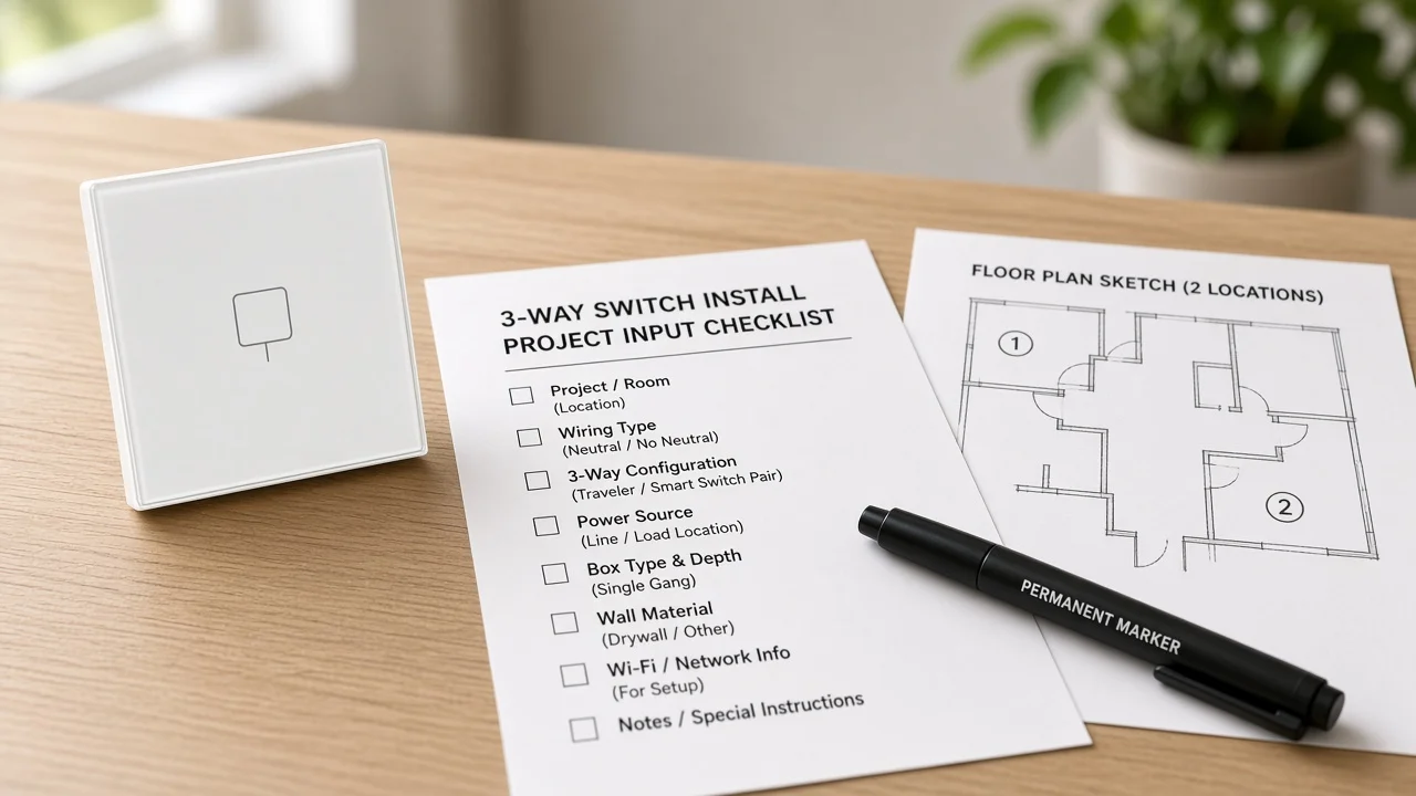 Desk checklist for feit smart switch 3 way installation project inputs with US glass smart wall switch
