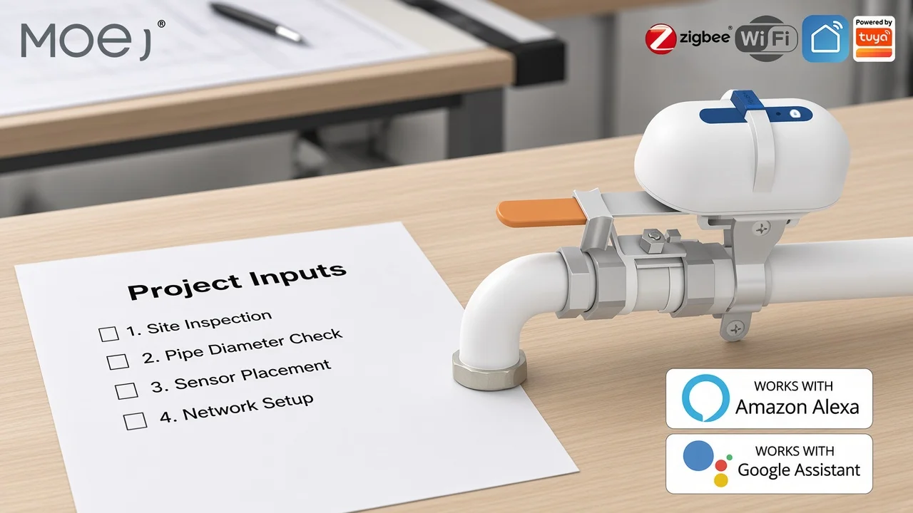 Project-input checklist for Govee-class water sensor installation with MOES pipeline shutoff valve controller on desk