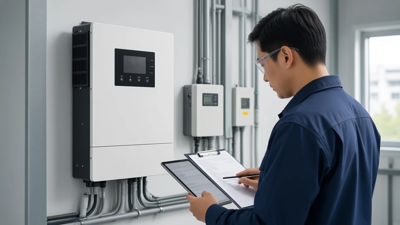 Service engineer reviewing printed inverter monitoring logs beside a wall-mounted MOES WiFi smart hybrid solar inverter during high voltage fault triage