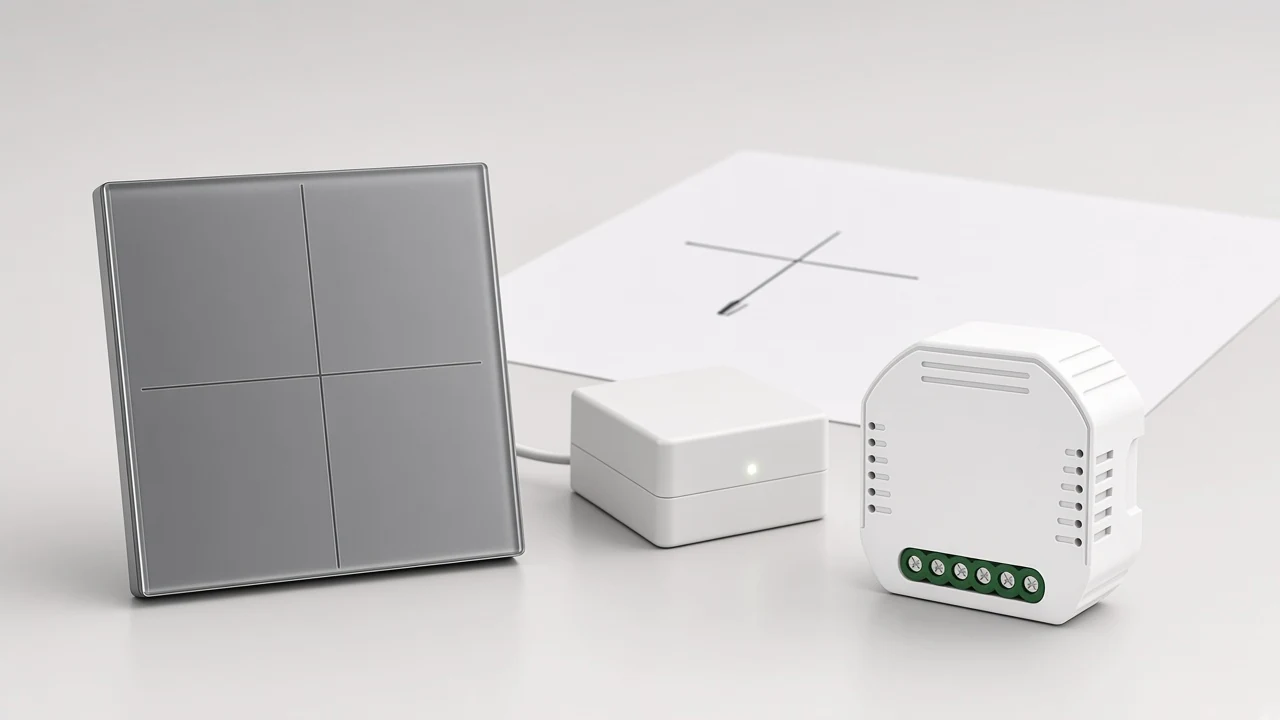 Smart home hub vs wifi architecture choice with MOES glass wall switch, in-wall module and separate gateway box on a specifier desk