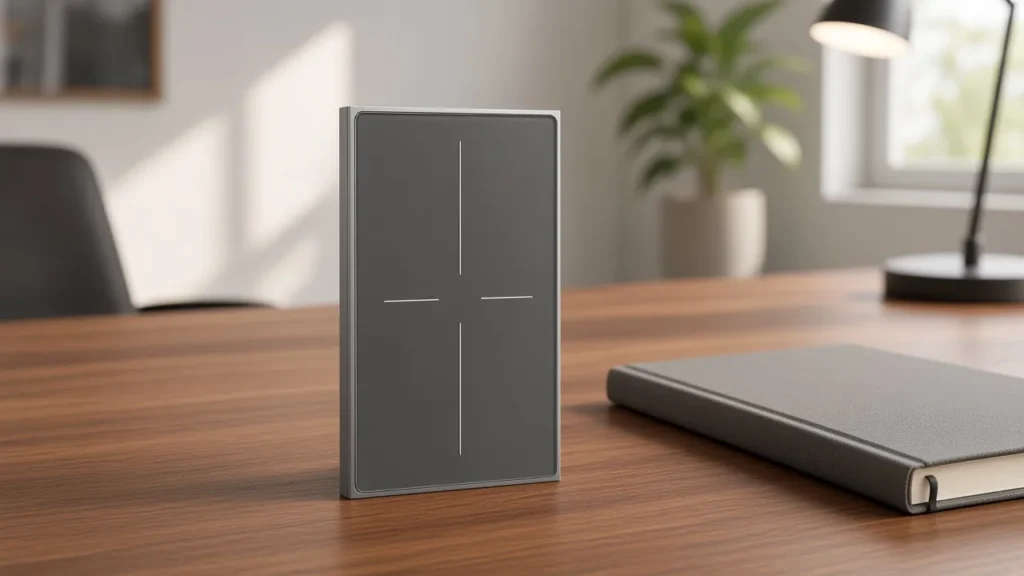Gray glass Wi-Fi wall switch on a specifier desk for a Matter and Thread layer article