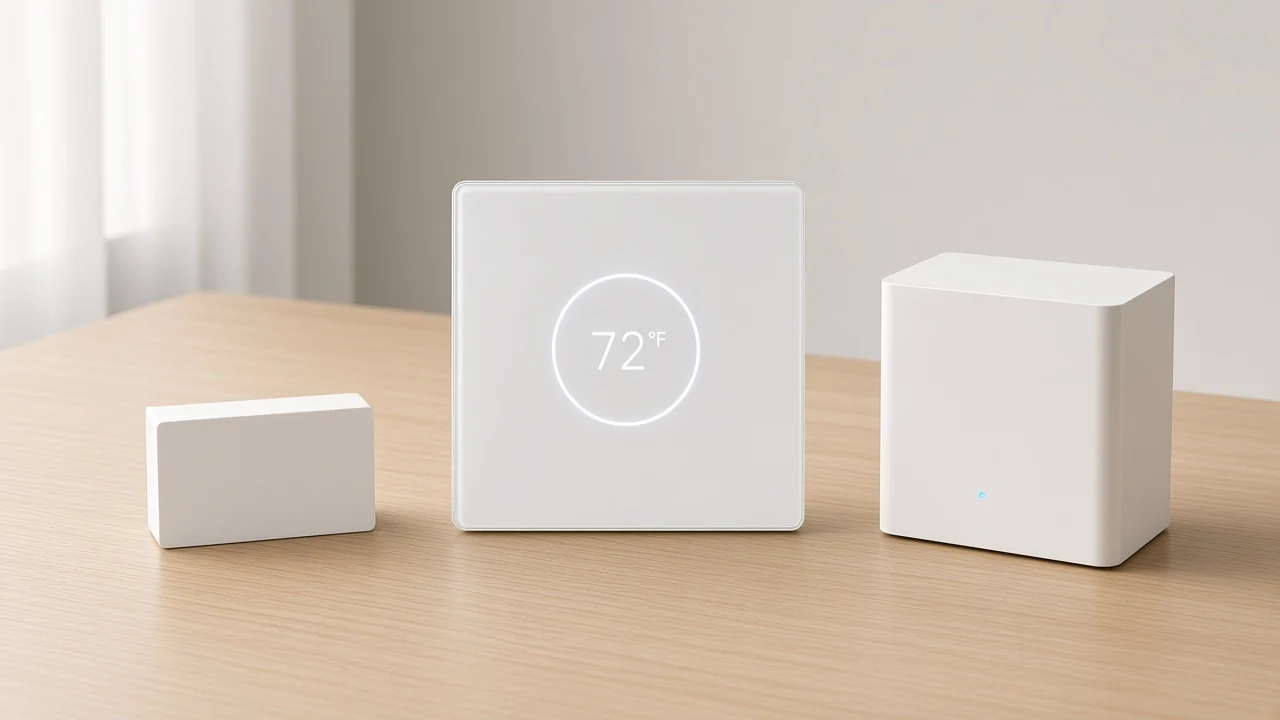 Matter vs Zigbee layer comparison desk with thermostat module and hub