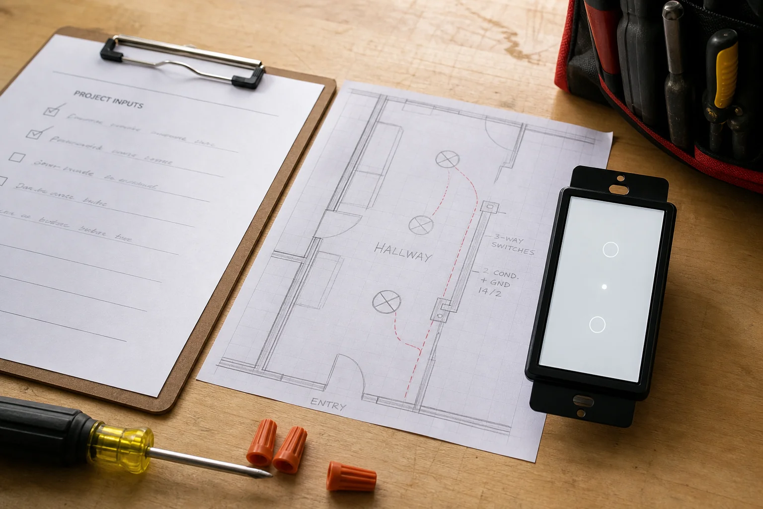 Installer desk with project-input checklist and US smart wall switch for no-neutral install decisions