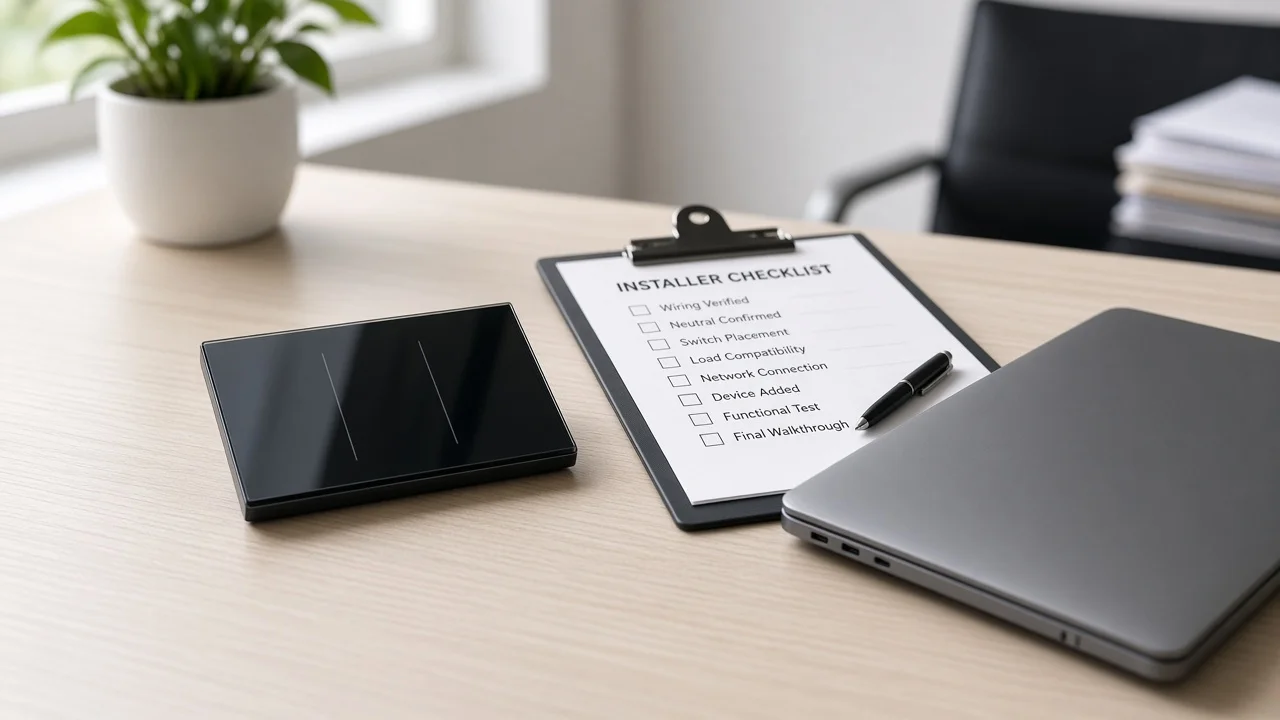 Installer checklist desk with US glass smart wall switch and laptop used only for commissioning