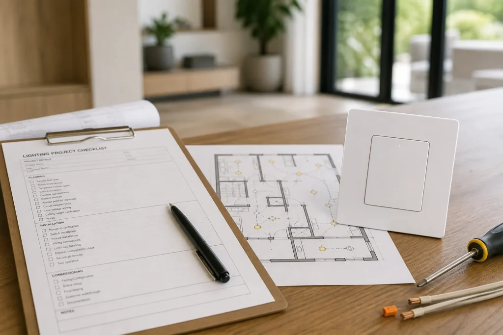 Installer desk with lighting project checklist, floor plan, and smart wall switch for smart home lighting project inputs