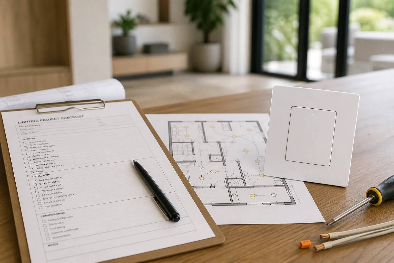 Installer desk with lighting project checklist, floor plan, and smart wall switch for smart home lighting project inputs