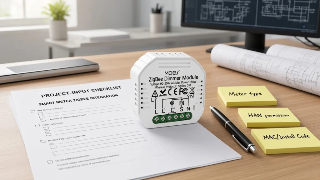 Project-input checklist for connect to smart meter zigbee jobs with MOES ZigBee dimmer module on desk