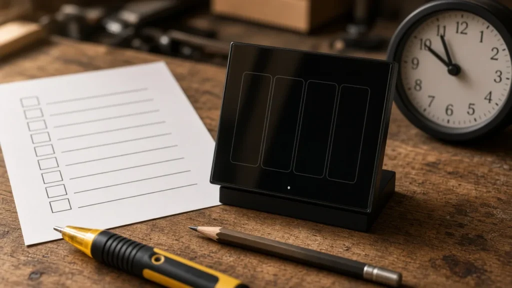 Duration checklist desk with a glass US smart wall switch and a clock