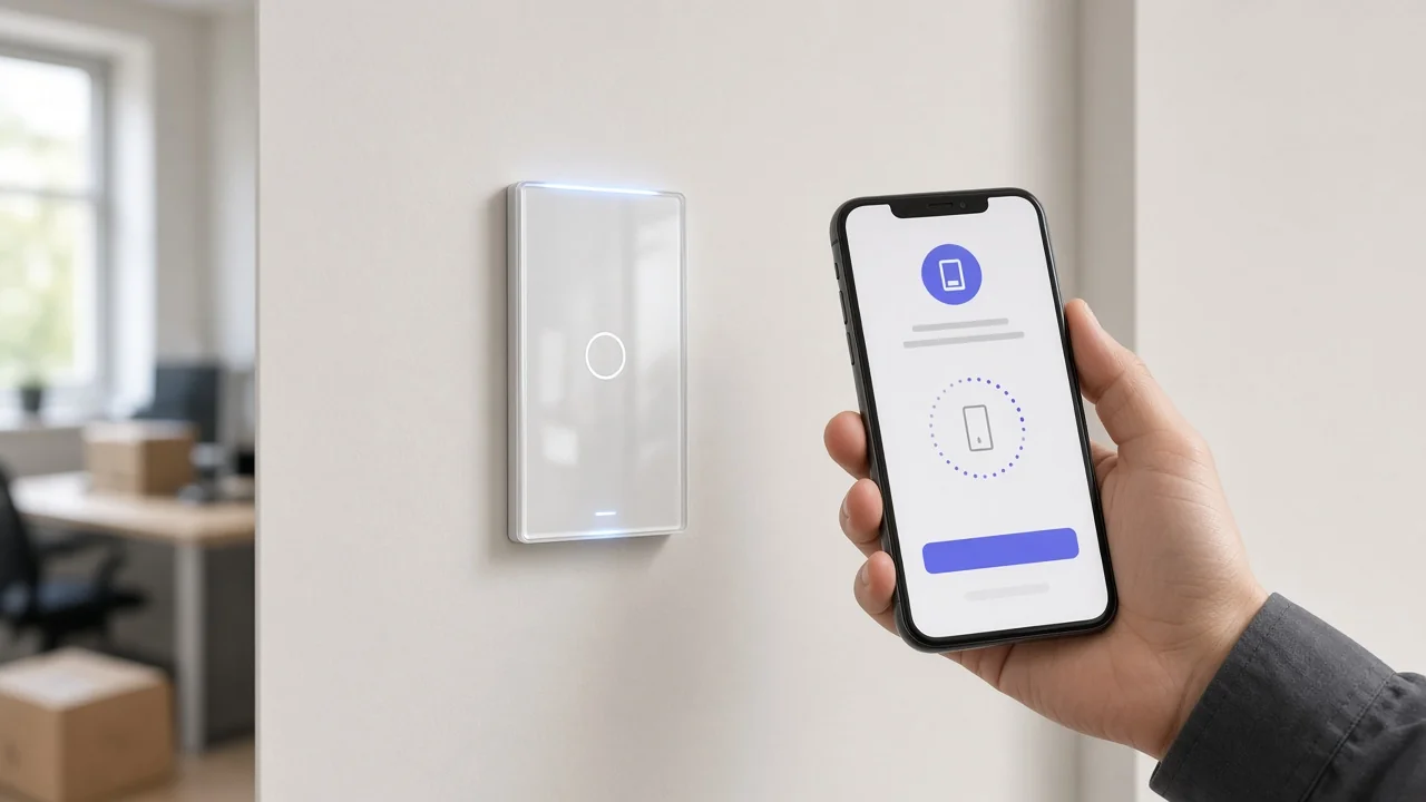 Installer commissioning a glass smart wall switch with a smartphone for Tuya Smart app problems troubleshooting