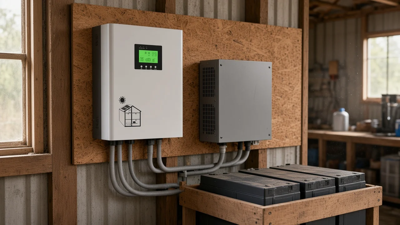 Off-grid utility wall with a wall-mounted MPPT solar charge controller beside a separate inverter enclosure above a battery rack