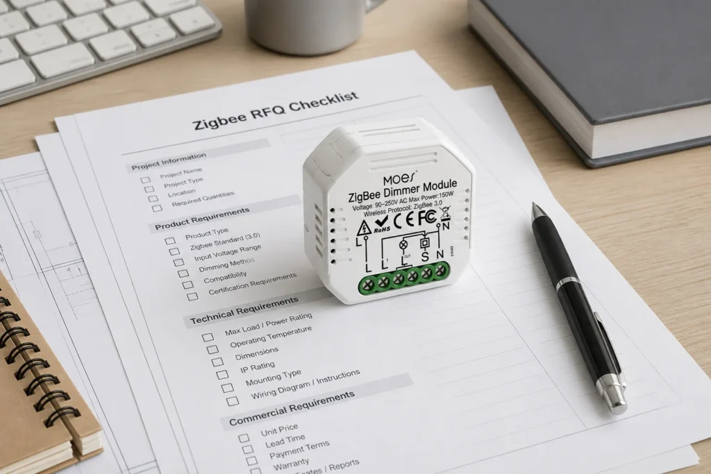 Zigbee RFQ checklist desk with MOES ZigBee dimmer module for advantages and disadvantages trade-off planning