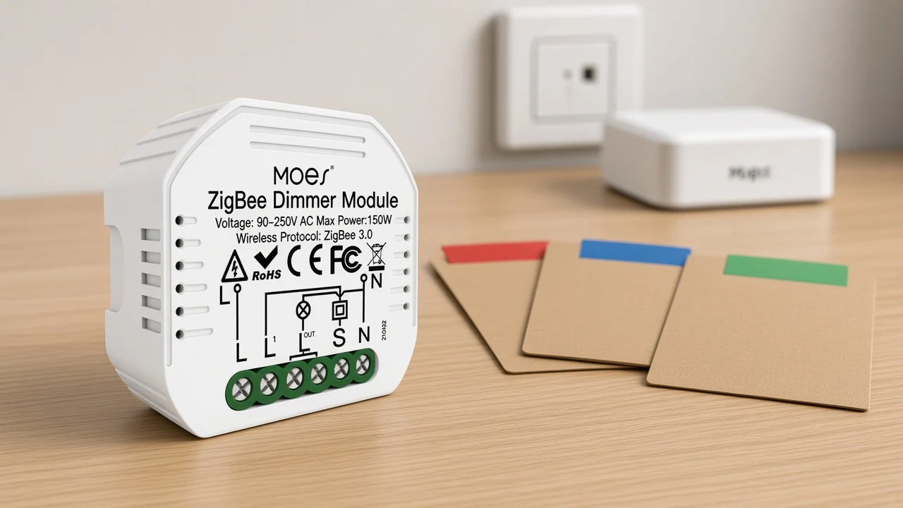 MOES ZigBee dimmer module on a stocking desk with blank class cards