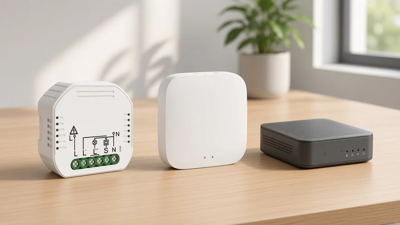 Zigbee vs Bluetooth protocol comparison desk with dimmer module and gateway hubs