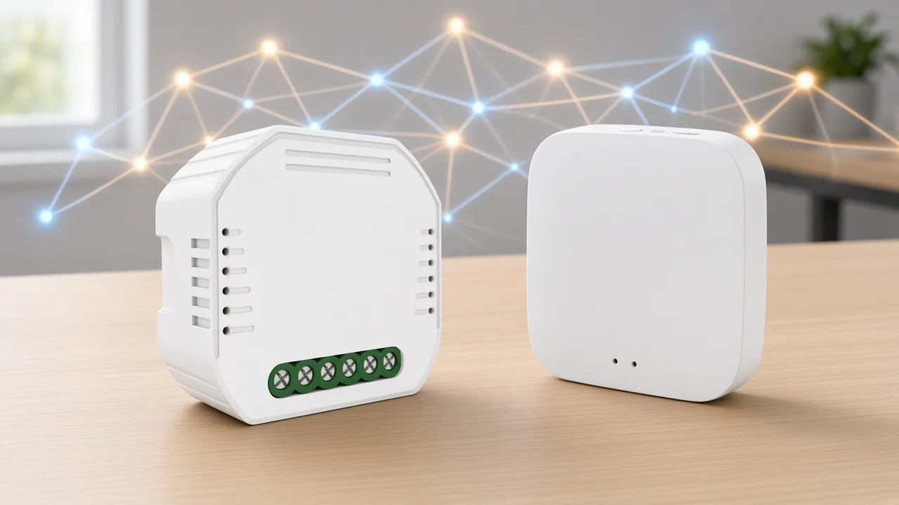 Zigbee vs Thread protocol comparison desk with dimmer module and gateway hub
