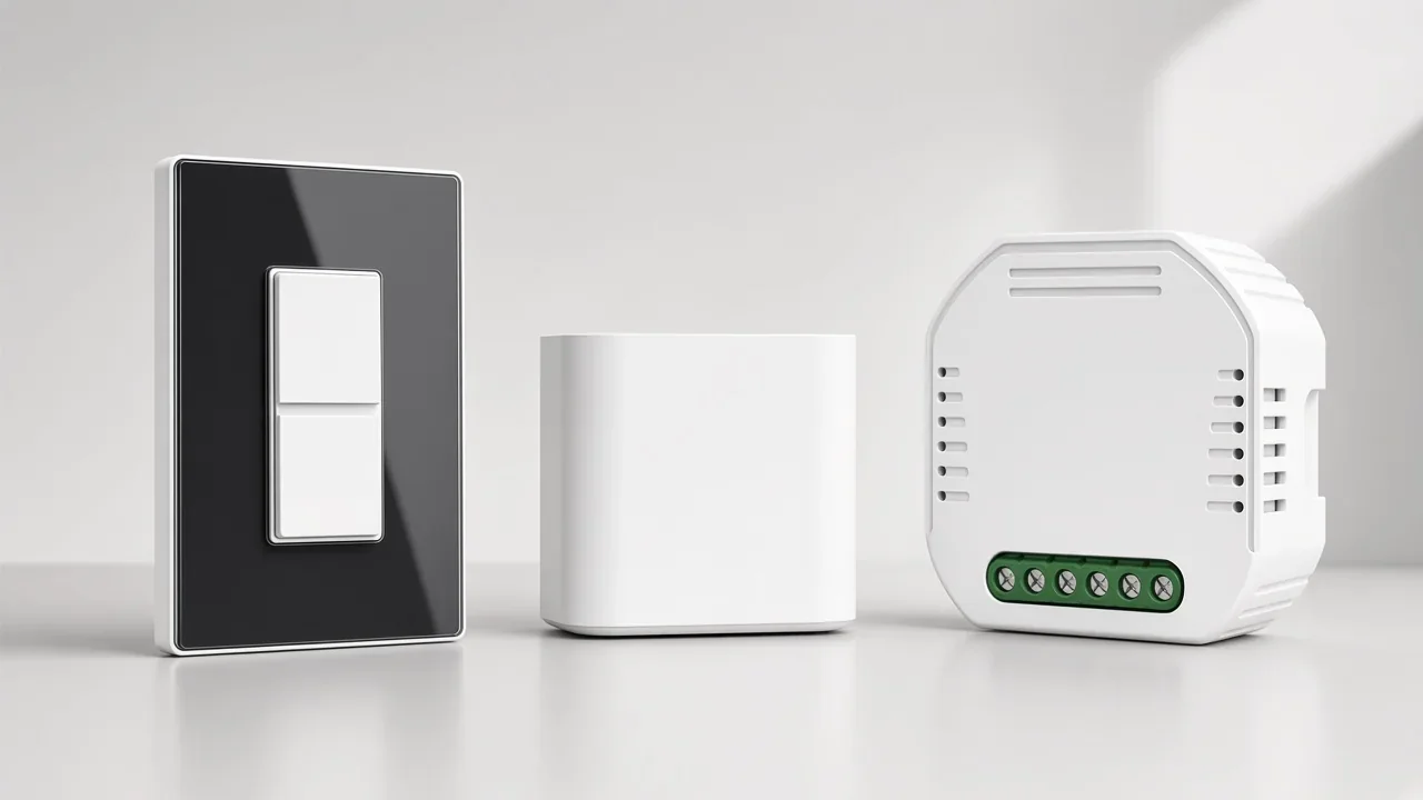 Zigbee vs WiFi protocol comparison desk with glass smart wall switch, in-wall module and gateway hub