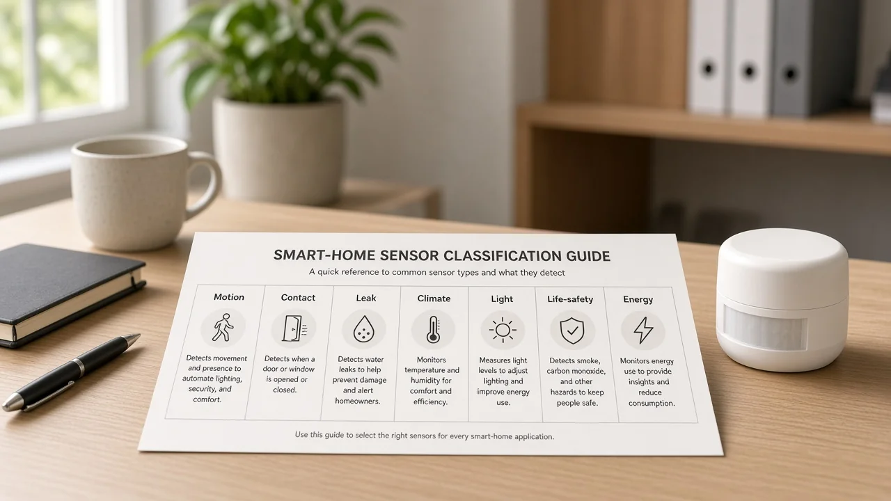Distributor desk with sensor classification sheets and a compact presence sensor sample