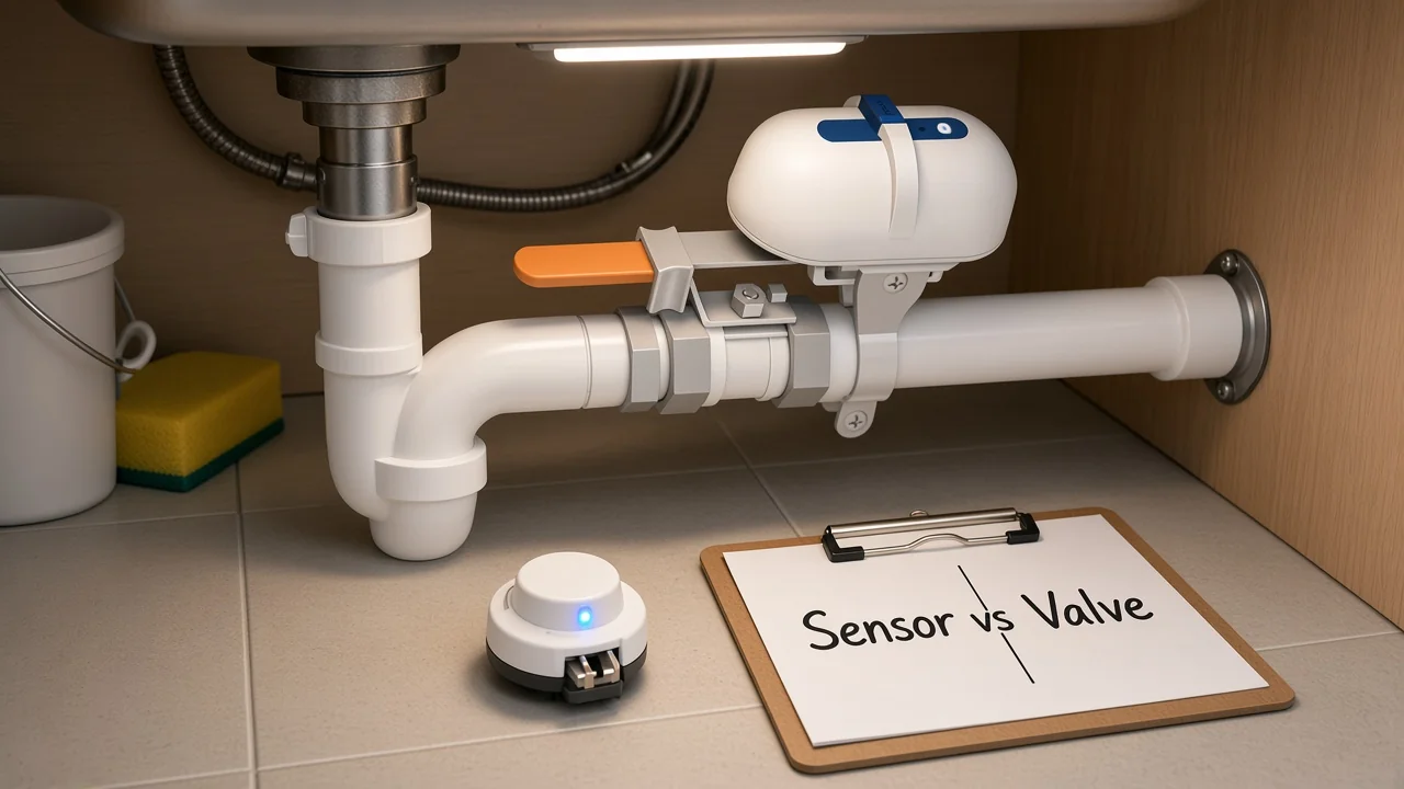 Floor leak sensor near a pipe beside a separate motorized shutoff valve on the supply line