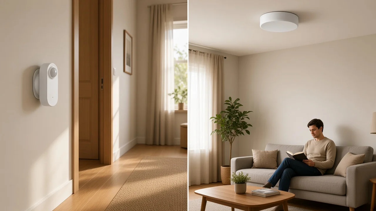 Hallway motion sensor contrasted with a living-room presence sensor while a person sits still