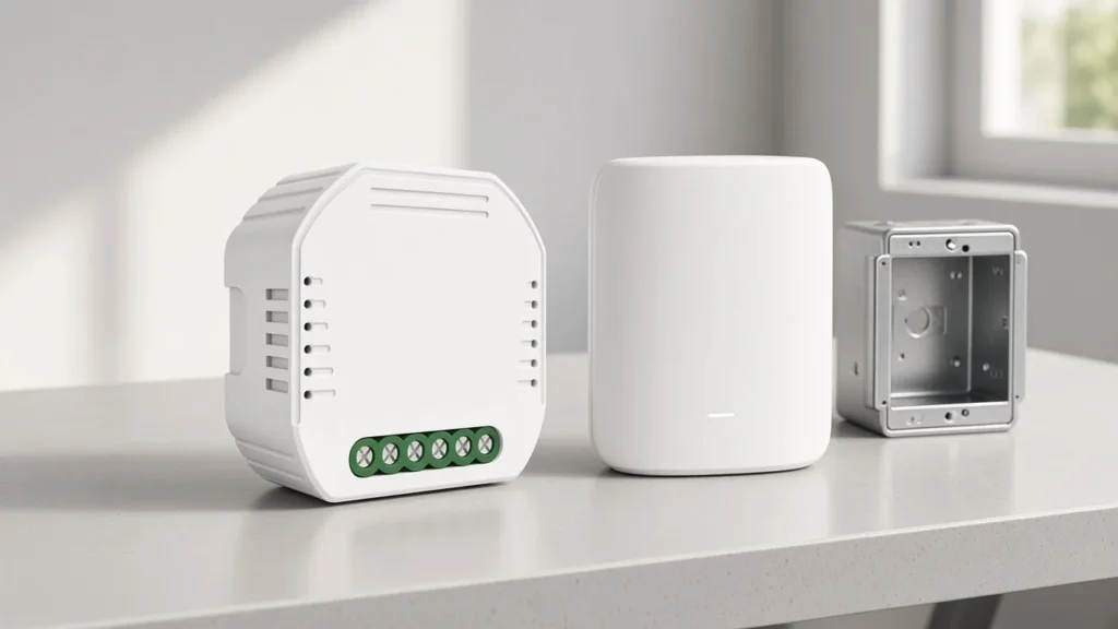 Compact Zigbee dimmer module beside a plain hub on a workbench for radio-type classification