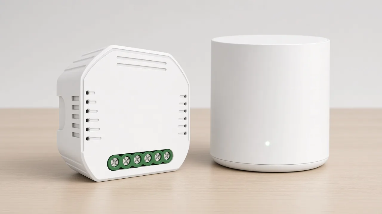 Compact Zigbee dimmer module placed next to a plain hub for a hub-required class