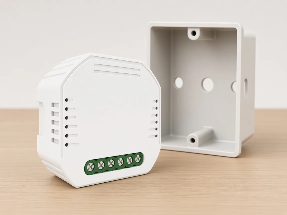 Compact Zigbee dimmer module in front of an empty wall box showing a hidden-module form