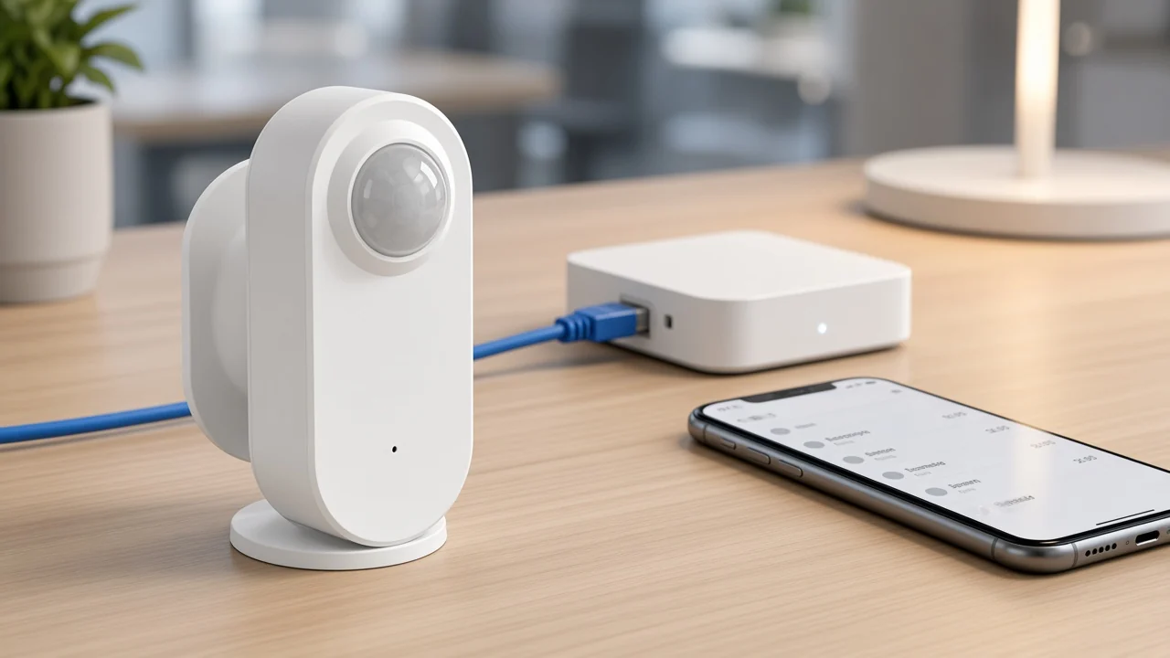 Presence sensor, wired hub, and phone showing a motion event path on a desk