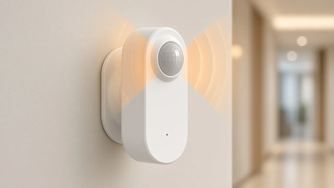 Close-up of a faceted PIR Fresnel lens on a wall-mounted presence sensor