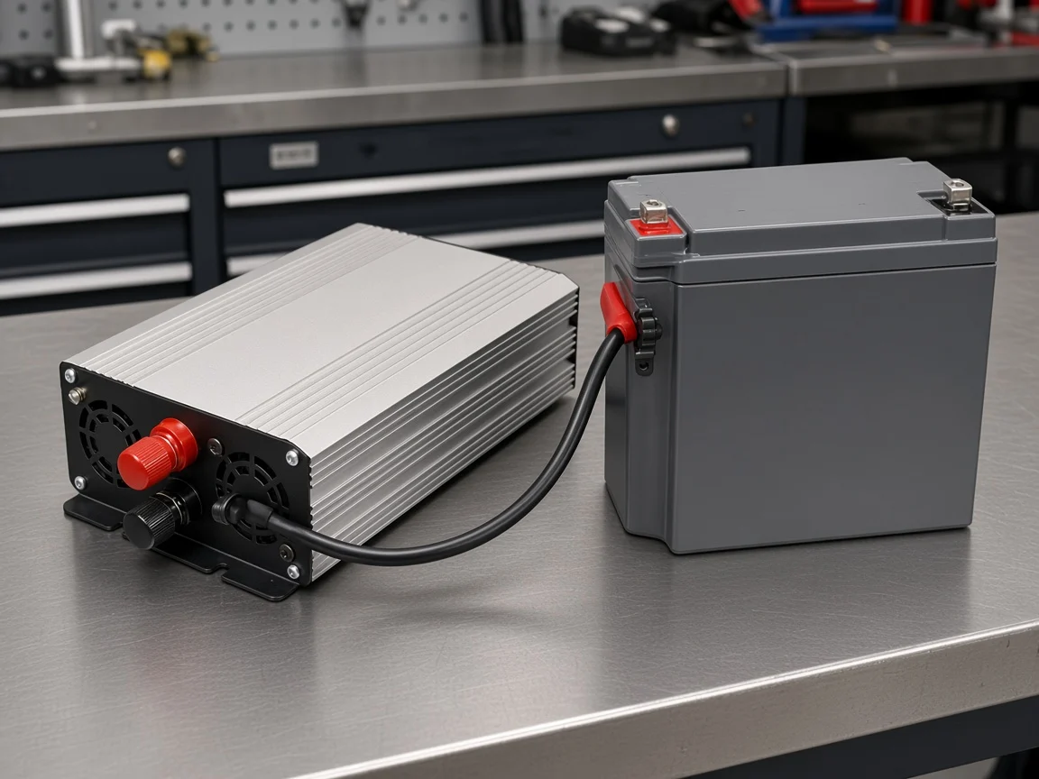 Power inverter beside a battery DC source on a distributor bench