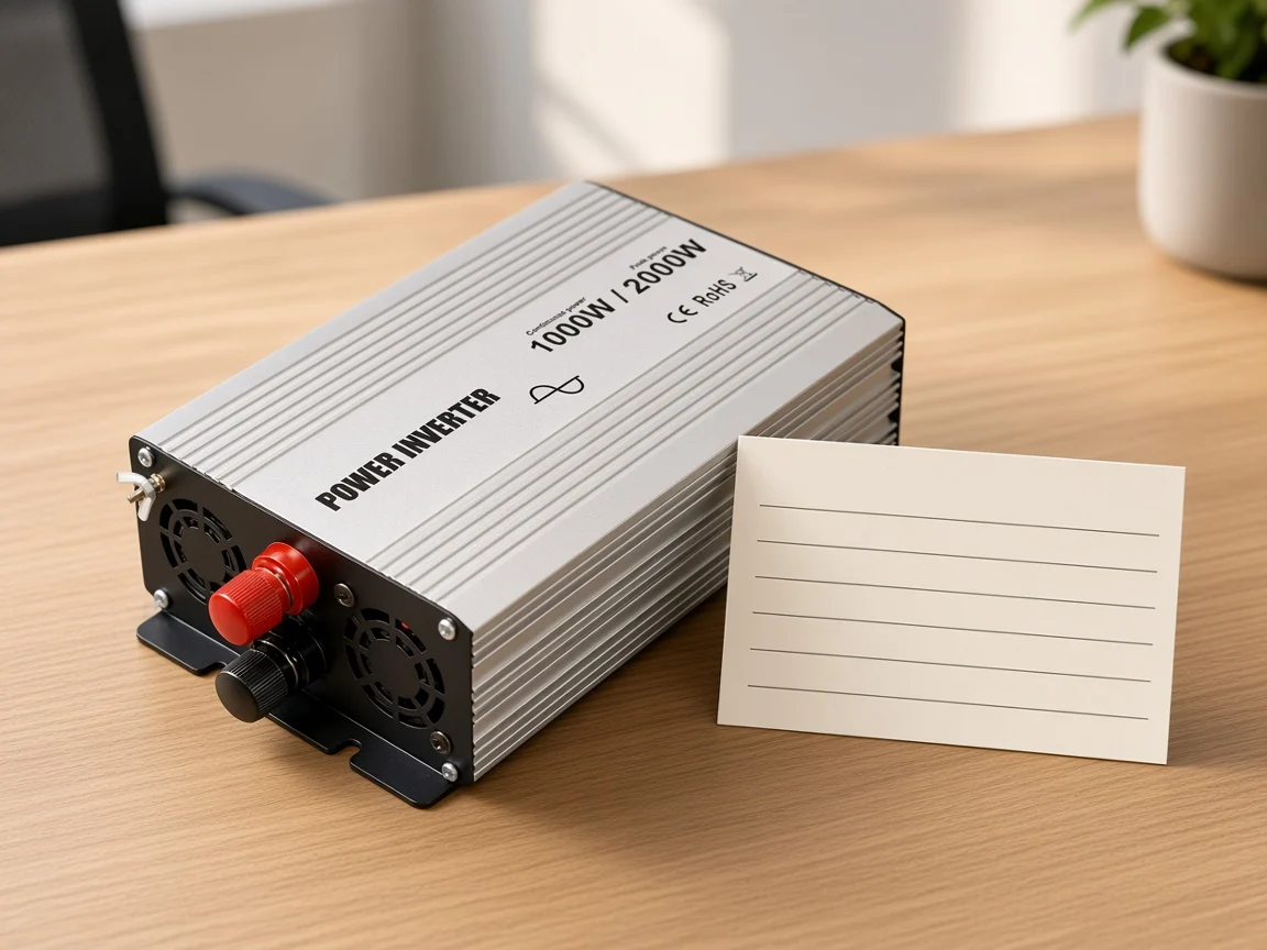 Quote card listing waveform, input voltage, and output voltage beside a power inverter