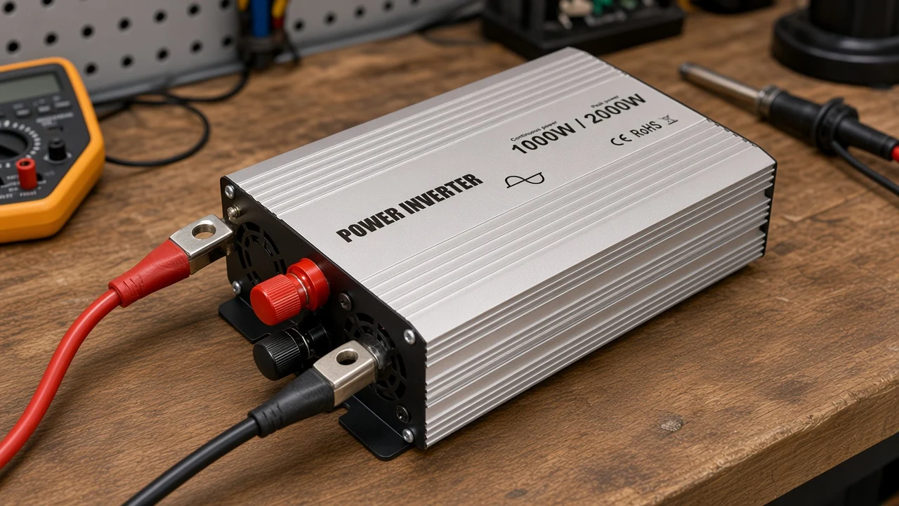 Power inverter on a bench with battery cables at the DC terminals