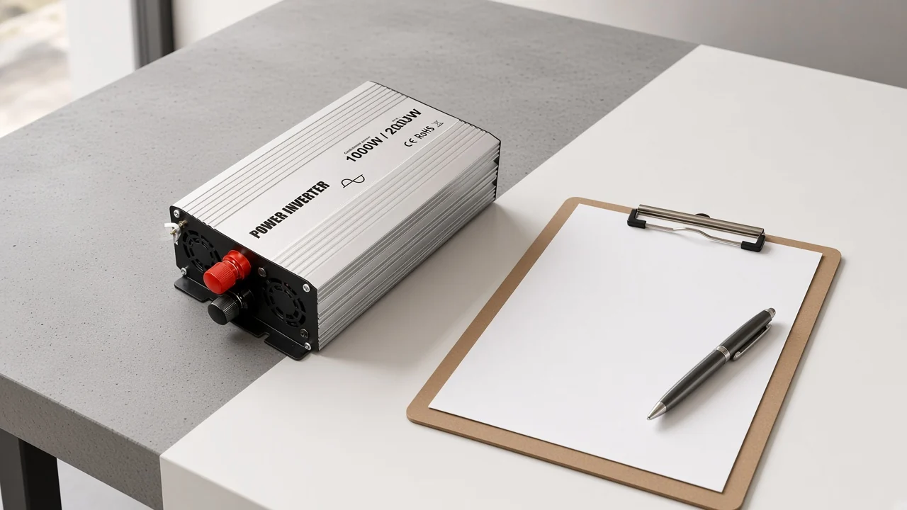 Power inverter beside a blank quote clipboard