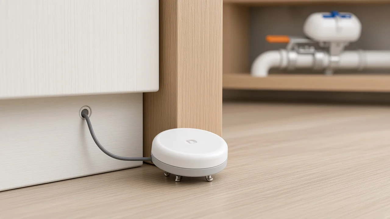 Puck water leak sensor with conductive probes beside a floor sensing cable